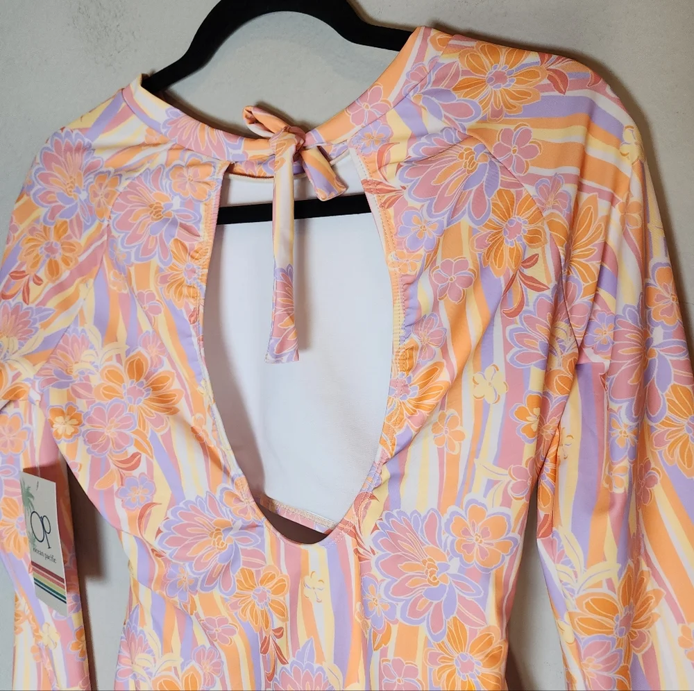 NWT OP Long Sleeve‎ One Piece Cutout Swimsuit Pink Orange Purple Floral Large